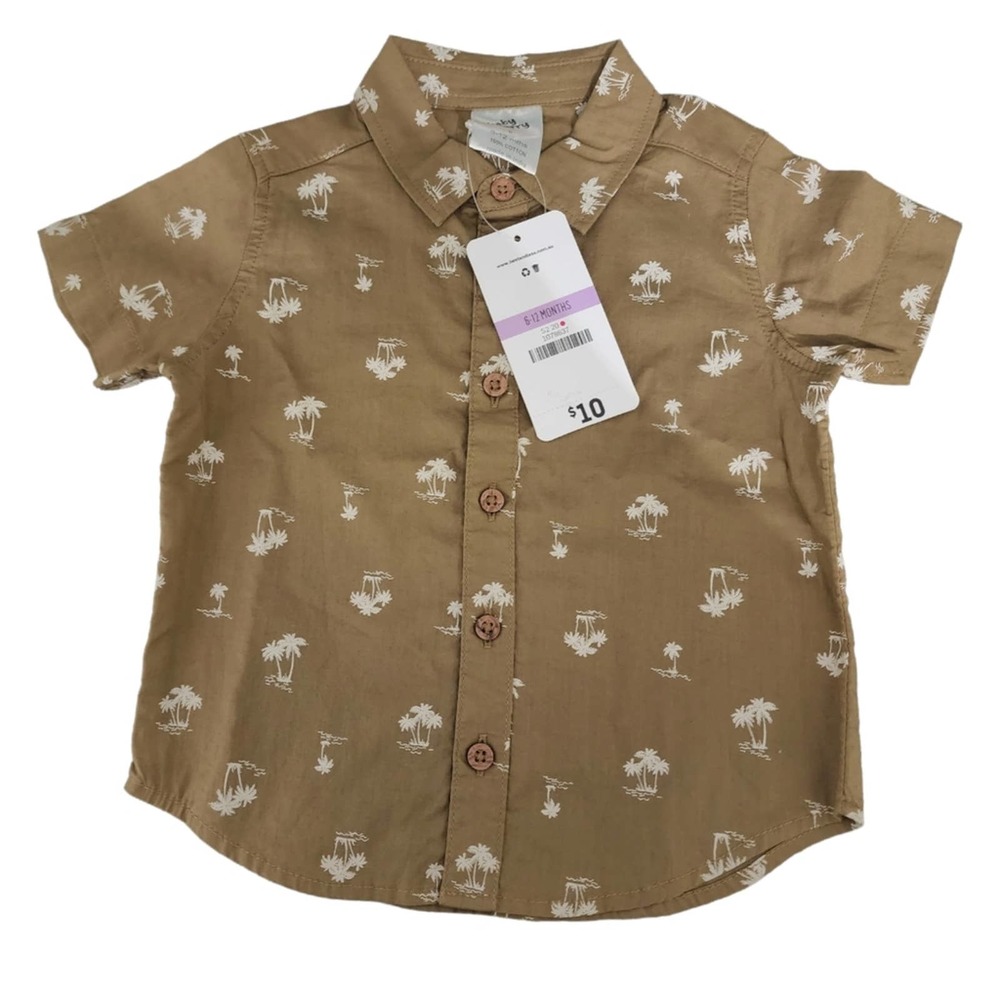 Baby Berry Olive Green Palm Tree Collared Button Down SS Shirt - NWT
